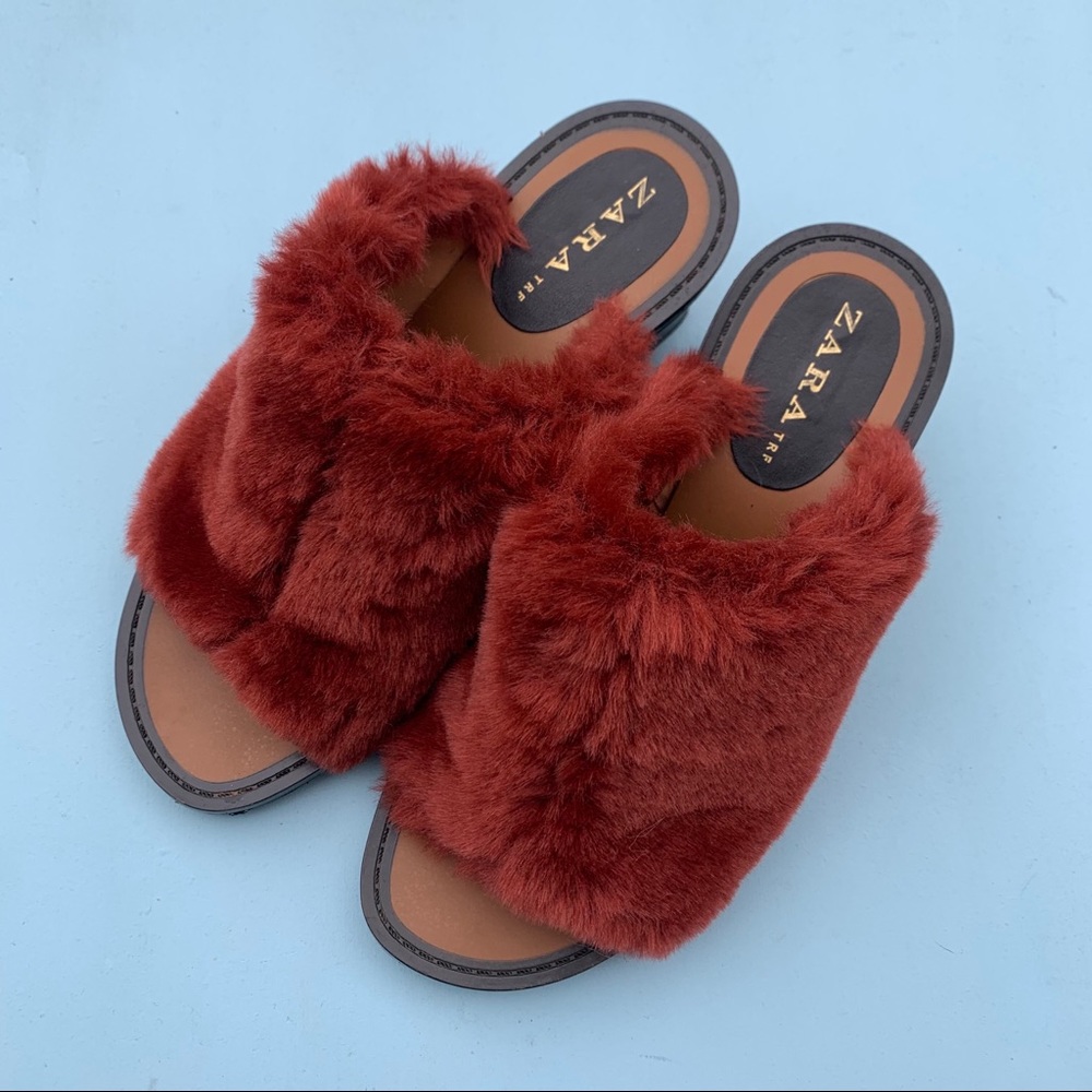 Zara TRF Faux Fur Burgundy Heeled Mule Sandals